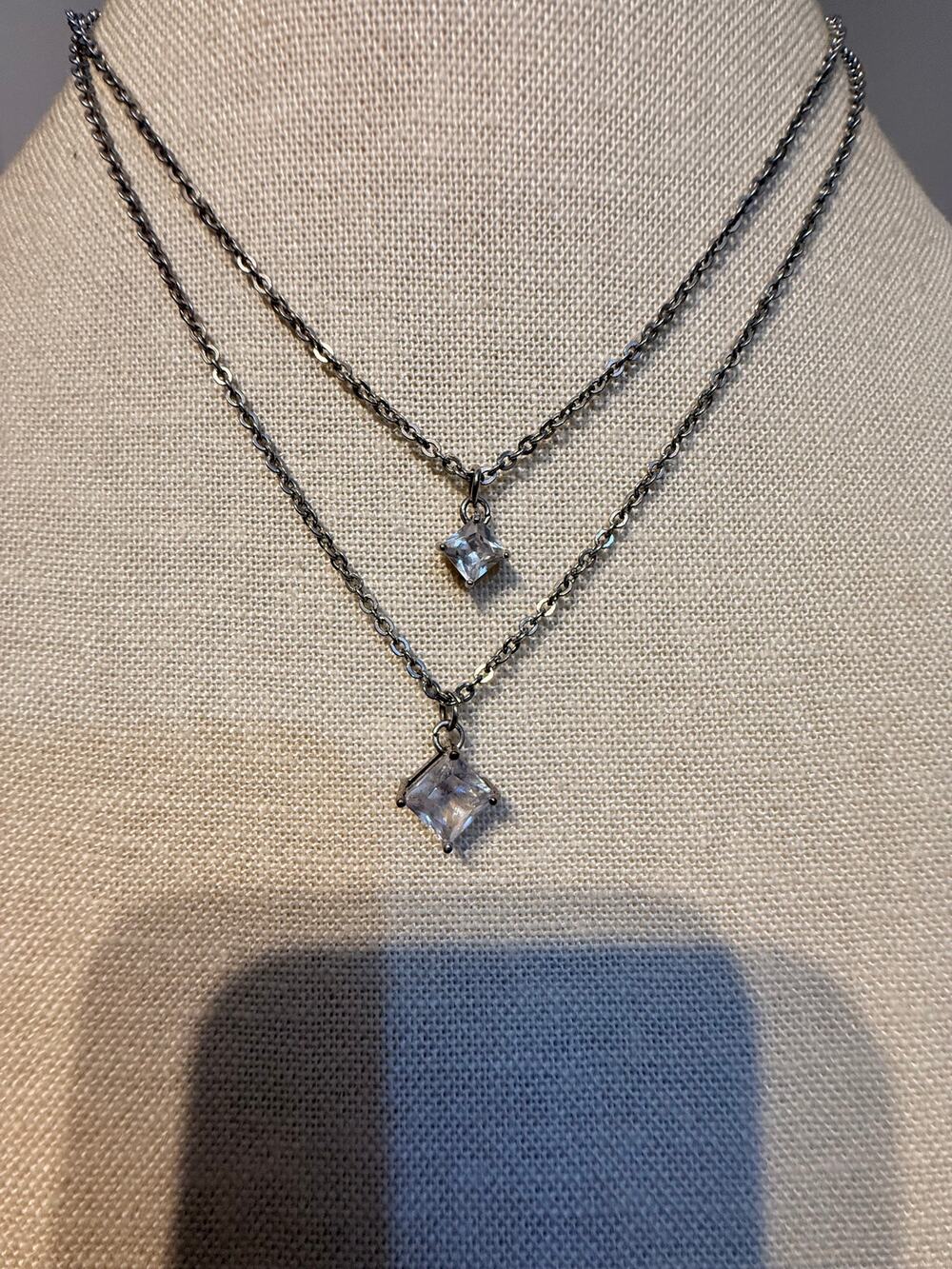 Vintage 16” Double Strand Silver Tone CZ Pendant Necklace